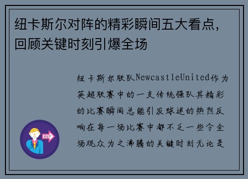 纽卡斯尔对阵的精彩瞬间五大看点，回顾关键时刻引爆全场